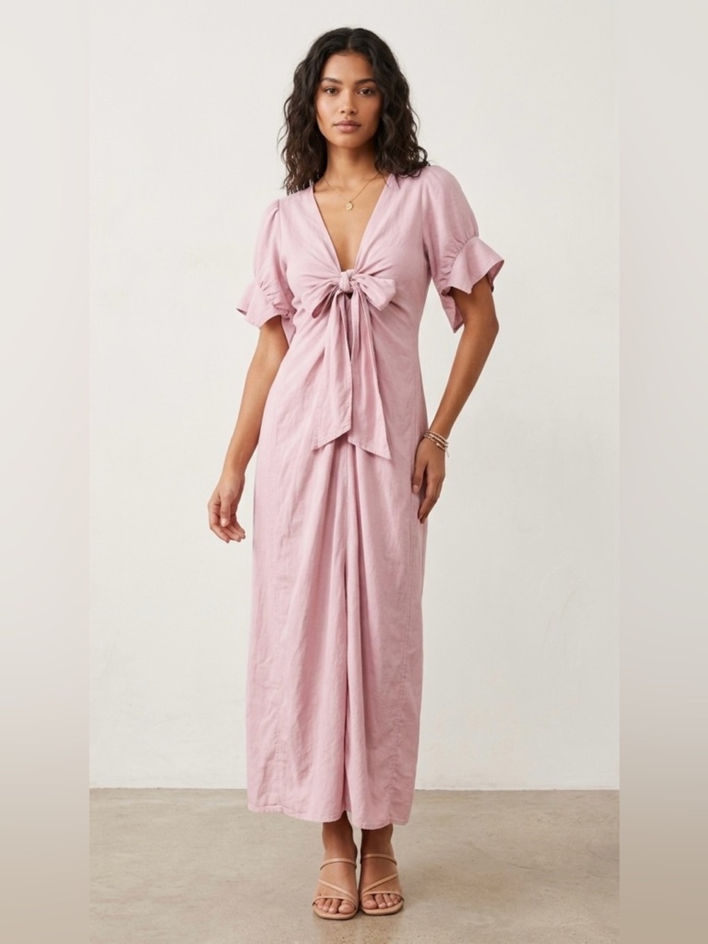 Free People La Spezia Tie-Front Puff Sleeve button down Dress Dusty Rose Pink